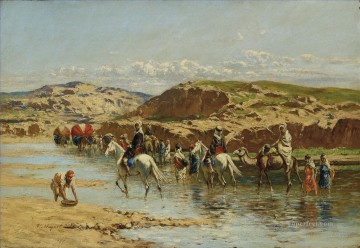 Víctor Huguet Painting - huguet vadeando un río argel Victor Huguet Orientalista